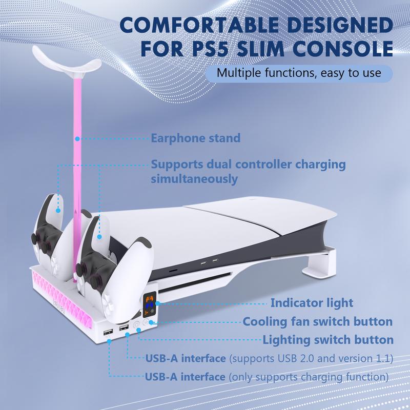 Horizontal Cooling Stand for PS5 Slim Console Disc & Digital Editions, PS5 Slim Expand Accessory with RGB Light, PS5 Slim Cooling Station, White