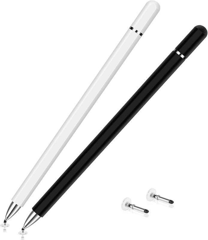 Stylus Pens for Touch Screens with Anti-Scrolling Design,2 in 1 Disc & Fiber Tip Stylus Pen for iPad with  Adsorption, for All Touch Screens-included 2 Replacement Disc Tips,White&Black (2pcs)