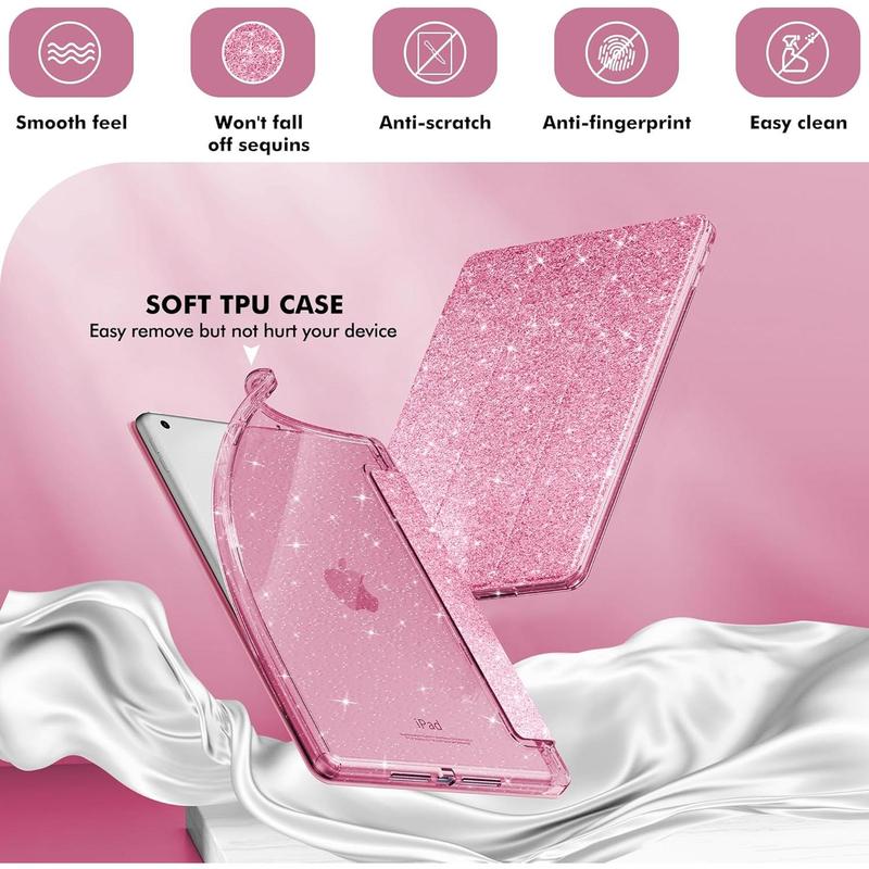 for iPad 9th Generation 2021  iPad 8th Generation 2020  iPad 7th Generation 2019 Case 10.2 inch, Glitter Cover with Clear , Pencil Holder for  Girls, Pink