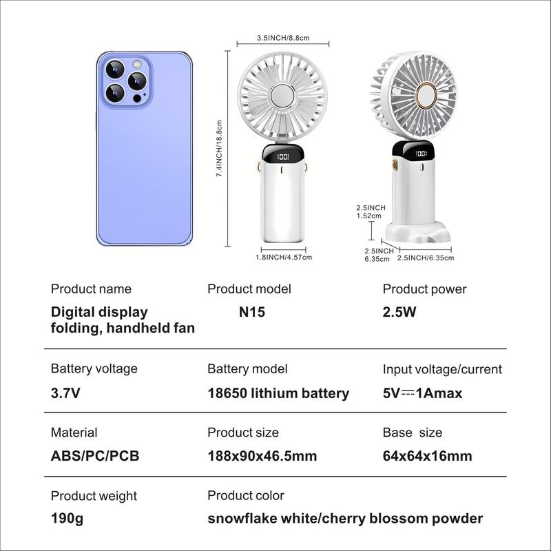 Portable Fan with Phone Holder for Boyfriend Gift, USB Rechargeable Fan Portable Foldable Handheld Fans with Digital Display, Silent Personal Cooling Fan, Mini Fan for Outdoor Travel Office Use