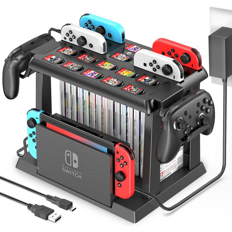 Switch Games Organizer Station with Controller Charger, Charging Dock for Switch & OLED Joycons, Switch Mounts, Brackets & Stands for Games, TV Dock, Pro Controller, Accessories Kit Storage