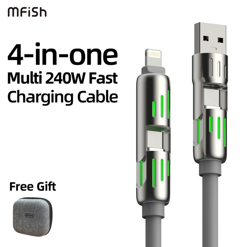 MFish 4-in-1 Multi USB Charging Cable with USB A,Type C, Lightning -MAX 240W Fast Charging & Data Sync for iPhone 16 15, iPad Pro, Samsung & Laptops