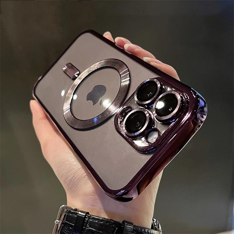 New Soft Luxury Antiskid TPU Clear Case For iPhone 16 15 14 13 12 11 Pro Max Plus Plating Lens Film Protect Magsafe Magnetic Cover