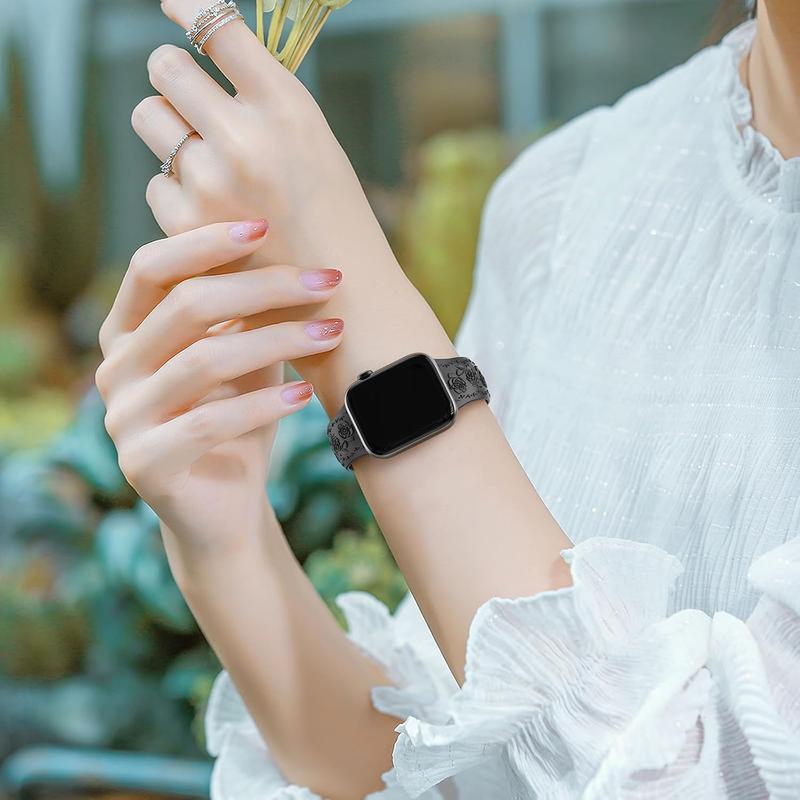 Floral Engraved Band Compatible with Apple Band 40mm 41mm 38mm 42mm 44mm 45mm 46mm 49mm Women, Soft Silicone Cute Embossed Flower Strap for iWatch Band Series SE Ultra 10 9 8 7 6 5 4 3 2 1