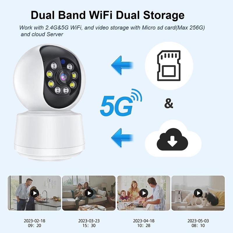 Indoor Security Camera, Dual-band 2.4G & 5G WiFi Infrared Color Night Vision Security Camera with Mobile Detection Alarm, AI Human Tracking, PTZ 360 Degree View, Two-way Audio Intercom Security Camera, Home Safe Camera