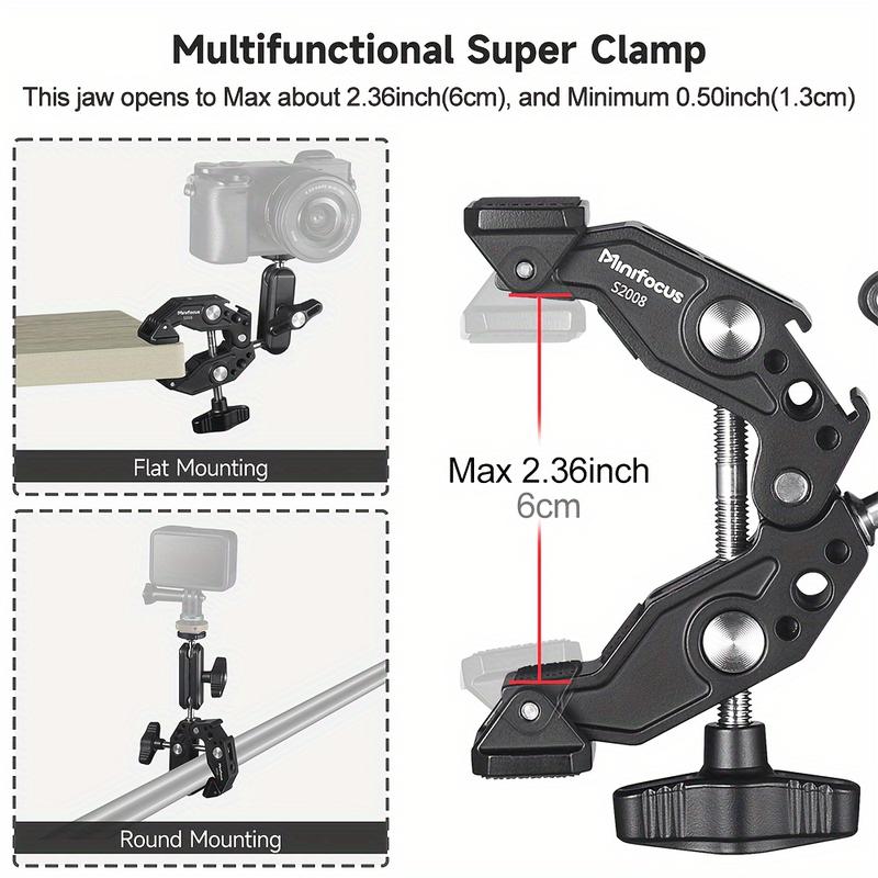 Multi-functional camera clip set with 360° swivel magic arm, dual ball head adapter and ARRI hole - Includes phone mount and sports camera mount - Lightweight aluminum for Canon, Nikon, GoPro, LED lights and more