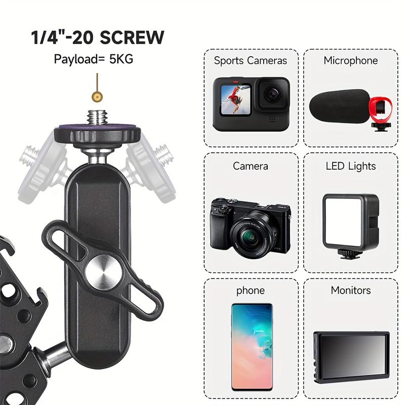 Multi-functional camera clip set with 360° swivel magic arm, dual ball head adapter and ARRI hole - Includes phone mount and sports camera mount - Lightweight aluminum for Canon, Nikon, GoPro, LED lights and more