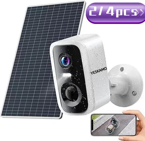 YESKAMO Smart Solar Wireless Security Camera, 2K HD Color Night Vision Camera for Home Security with Spotlight, 2.4G WIFI Outdoor Surveillance Camera, IP66 Waterproof, 2-Way Talk, Human Detection, Siren Alarm, SD Cloud Storage, Battery-Powered