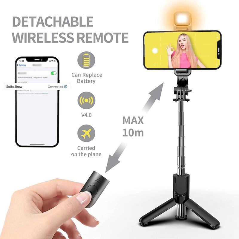 Selfie Stick Tripod with Light, Portable Selfie Stick & Phone Tripod with Wireless Remote, Lightweight Phone Tripod for Group Selfies Live Streaming