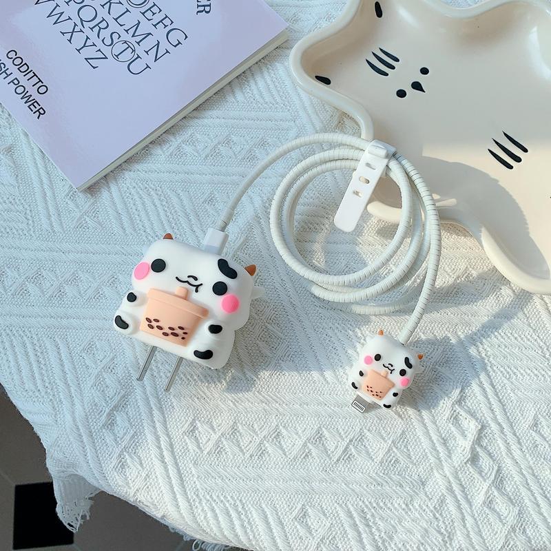 Cute Cow Design Charger & Data Cable Protector, 1 Count Anti-drop Decorative Charger & Data Cable Protective Cover, Phone Accessories for iPhone 16 15 14 Pro Max 13 12 11