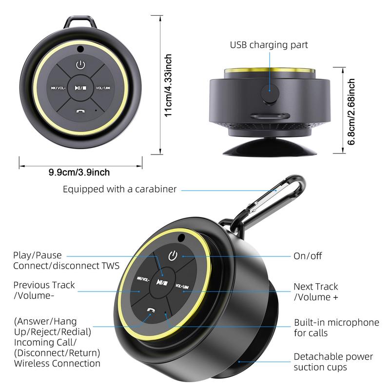 Waterproof Speaker, Portable Wireless Speaker with Radio Function, Outdoor Speaker with Stand for Bathroom, Kitchen, Living Room, Bedroom