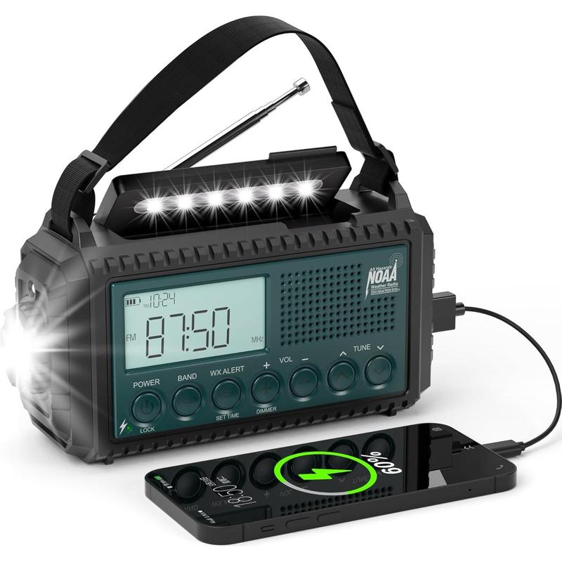 Radio AUTO NOAA Weather Radio, Hand Crank Solar AM FM SW NOAA Shortwave Radio for , Portable Radio with Camping Flashlight, Reading Lamp, Phone Charger, SOS , Clock, LCD Display