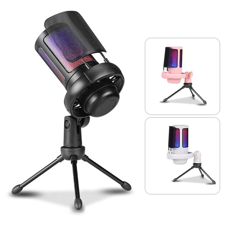 Gaming USB Microphone for PC PS5, Condenser Mic with Quick Mute, RGB Indicator, Tripod Stand, Pop Filter, Shock Mount, Gain Control for Streaming Discord Twitch Podcasts Videos