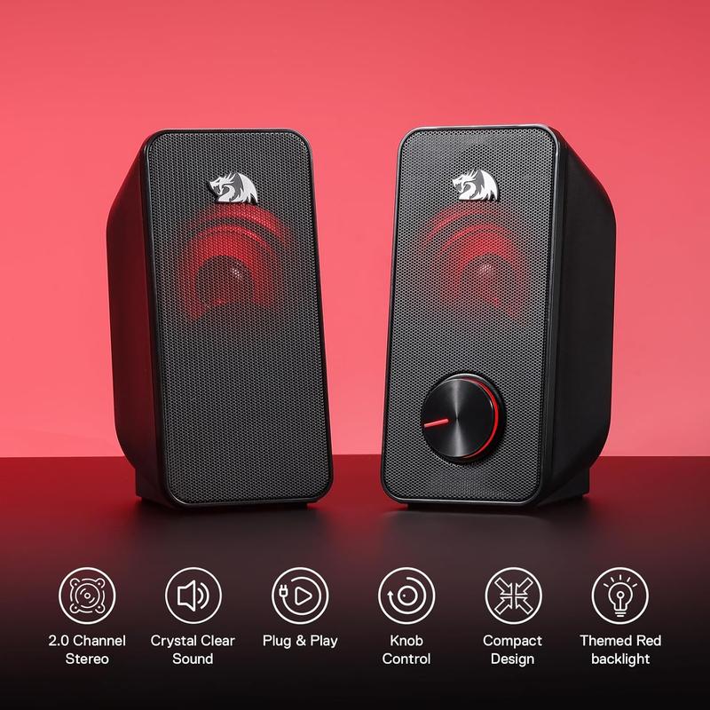 Redragon GS500 Stentor PC Gaming Speaker, 2.0 Channel Stereo Desktop Computer Speaker with Red Backlight, Quality Bass and Crystal Clear Sound, USB Powered with a 3.5mm Connector