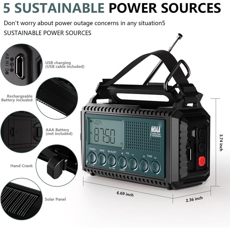 Radio AUTO NOAA Weather Radio, Hand Crank Solar AM FM SW NOAA Shortwave Radio for , Portable Radio with Camping Flashlight, Reading Lamp, Phone Charger, SOS , Clock, LCD Display