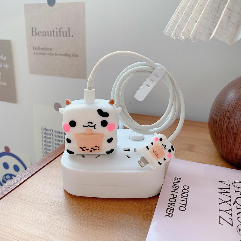 Cute Cow Design Charger & Data Cable Protector, 1 Count Anti-drop Decorative Charger & Data Cable Protective Cover, Phone Accessories for iPhone 16 15 14 Pro Max 13 12 11