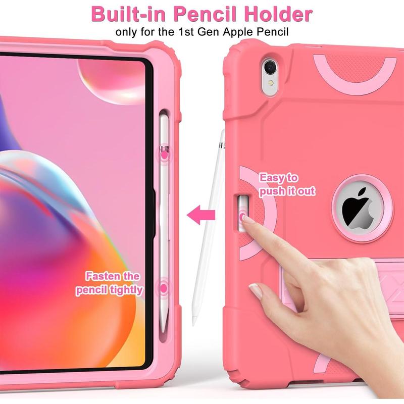 for iPad 10th Generation Case 10.9 inch 2022, iPad 10th Case with Pencil Holder Heavy Duty Shockproof Rugged Protective Cover with Kickstand for Girls Kids Rose Pink