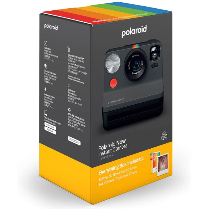 Polaroid Now 2nd Generation I-Type Instant Camera + Film Bundle - Now Black Camera + 16 Color Photos (6248)- Black