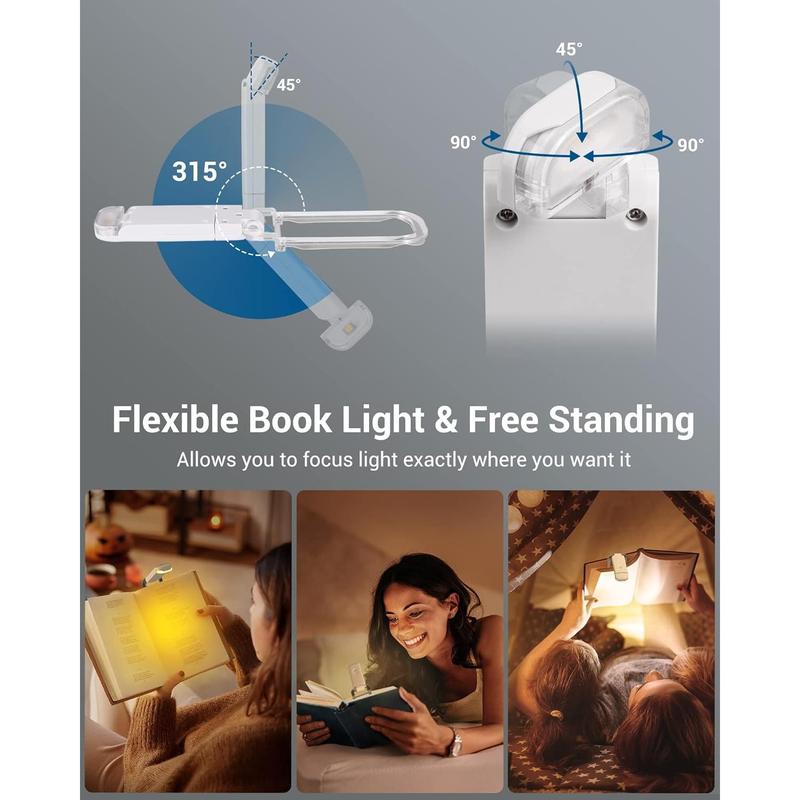 USB Rechargeable Book Light, Warm White, Brightness Adjustable for Eye-Protection, LED Clip on Portable Bookmark Light for Reading in Bed, Car Charging Holder Mobile Plug Smartphones Foldable