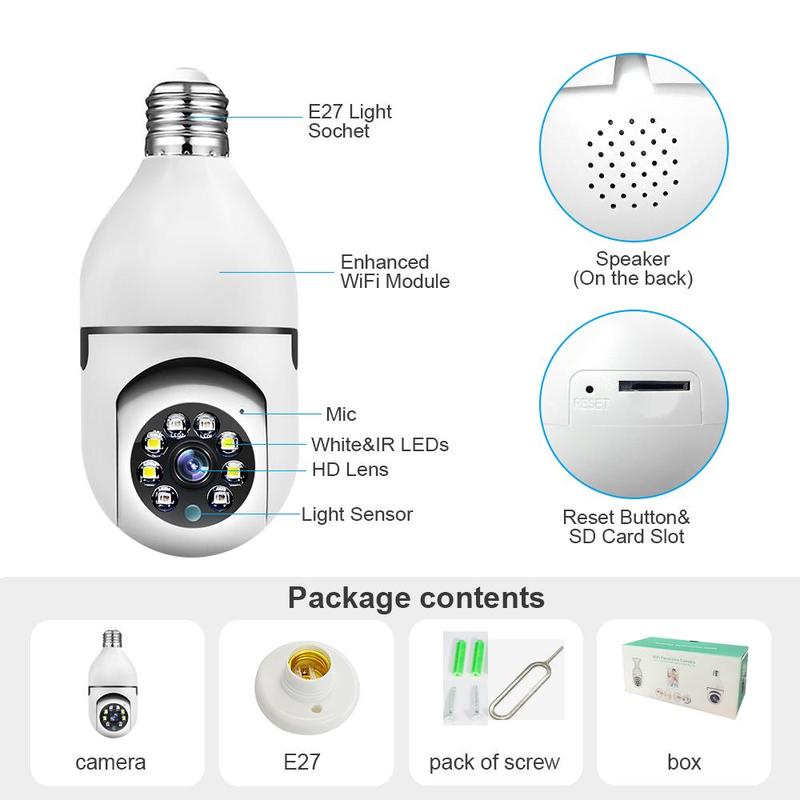 E27 Smart WiFi Camera, 1080P 5G Smart WiFi Indoor Outdoor Security Camera with Full Color Night Vision, Auto Tracking Video Security Baby Monitor