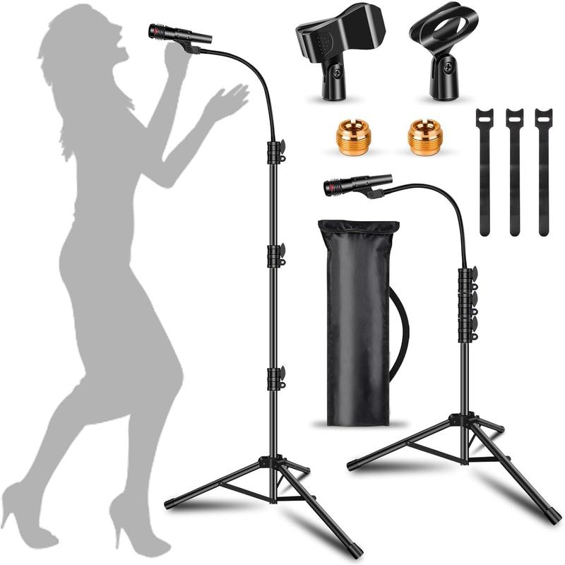 2 Pack Microphone Stand for Singing Mic Stand Boom with Gooseneck Mic Arm Stand Height Adjustable 3'- 6' with Mic Clips and 3 8