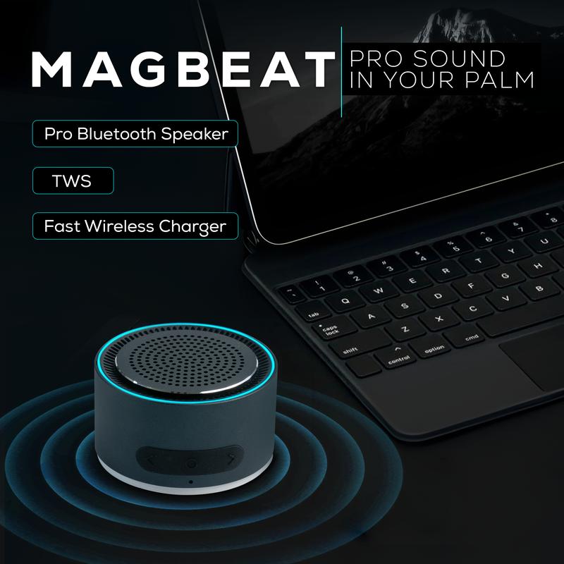 MagBeat - Portable Speaker and Wireless Charger, Bluetooth 5.3 with Premium Sound and MagSafe Wireless Charging, 10-Hour Play Time, Built-in Microphone, LED Equalizer, and TWS Stereo Sync