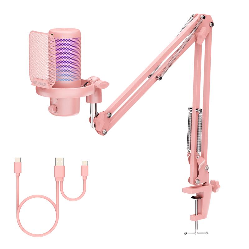 FEELWORLD VM1 Pink Gaming PC USB Microphone Condenser Mic with Boom Arm Stand Noise Cancellation RGB Light Mute, Computer Accessories for Gamer YouTube Twitch Podcast Streaming Recording Chat PS4 PS5