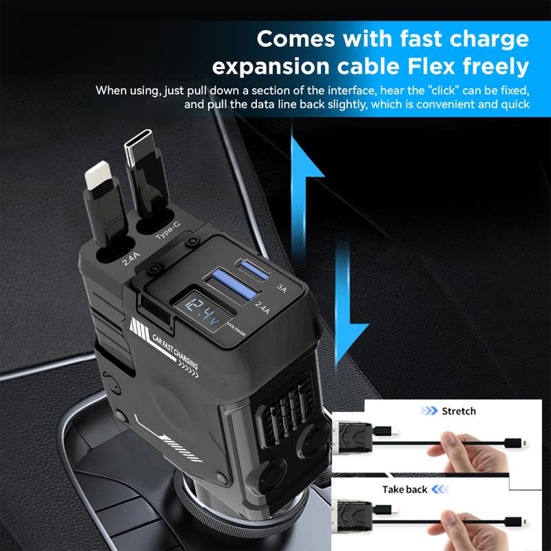 Retractable 4 in 1 Car Charger, Fast Car Charger with Retractable Cables (31.5 inch) and Dual Charging Ports, Compatible with iPhone 15 14 13 12 Pro Max XR,iPad,Samsung,Pixel