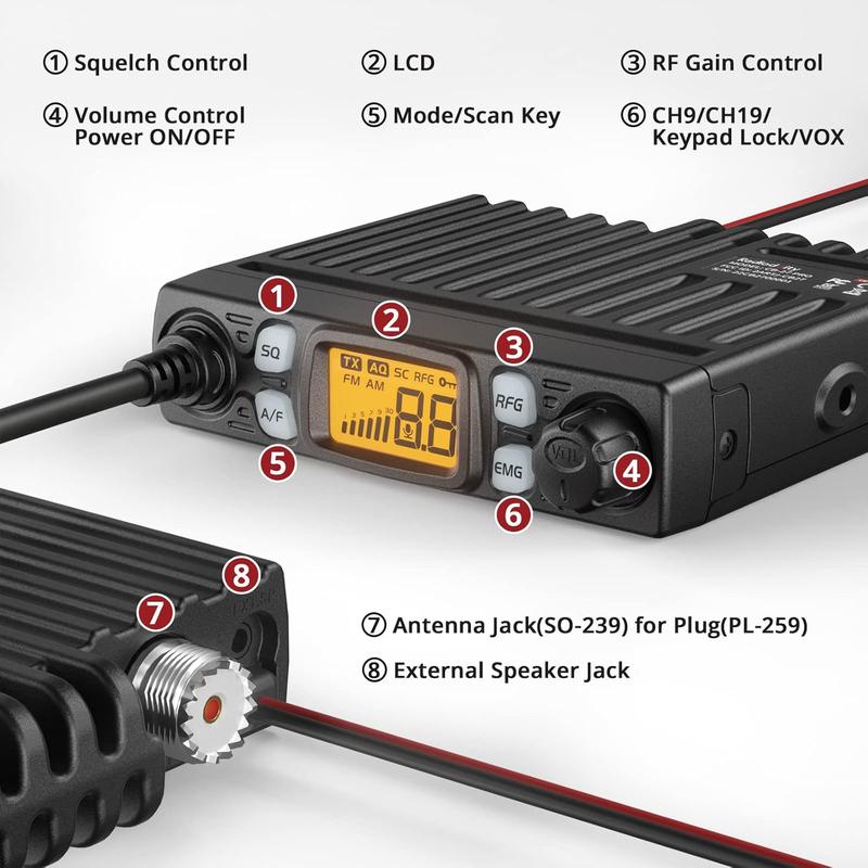 CB-27 Pro CB Radio 40- Mini Mobile with AM FM Instant Emergency  9 19, 4W Power Output, LCD Display, VOX, RF Gain, and Handheld Mic