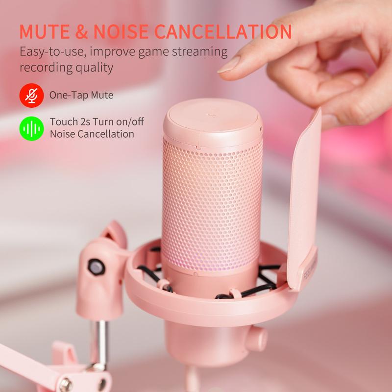 FEELWORLD VM1 Pink Gaming PC USB Microphone Condenser Mic with Boom Arm Stand Noise Cancellation RGB Light Mute, Computer Accessories for Gamer YouTube Twitch Podcast Streaming Recording Chat PS4 PS5