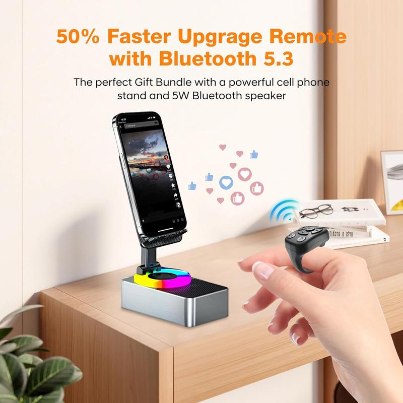 Upgraded, Tiktok Scrolling Ring, Best Birthday Gifts for Him, 7 Buttons Including One Customizable Bluetooth Remote, Bundled a Powerful Phone Stand with Bluetooth Speaker  Black