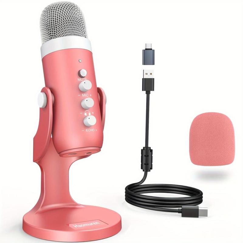 Haomuren USB Powered Gaming Microphone with Type-C Adapter, Quick Mute Noise Cancel Microphone for Phone Computer PC, Condenser Microphone with Gain Control for Streaming Vocal Recording