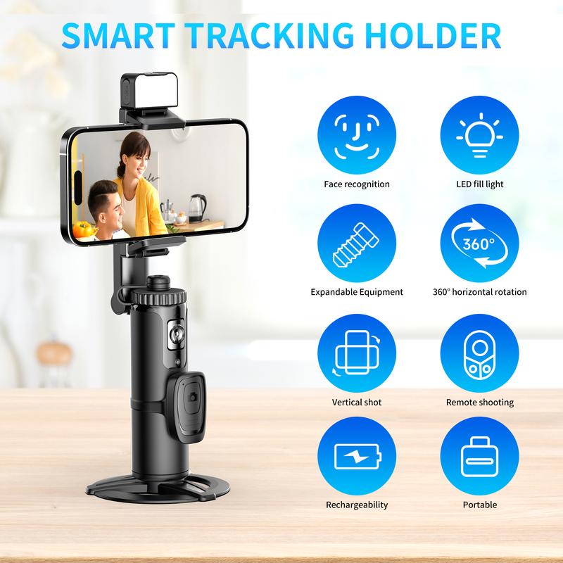 AI Auto Face Tracking Tripod, 360° Rotating Selfie Stick Gimbal Stabilizer with LED Light, No App Required, Remote & Gesture Control, Rechargeable Smart Shooting Stand for Live Video, TikTok, and More (Black) - Phone Clip, Digital Cellphone Accessories