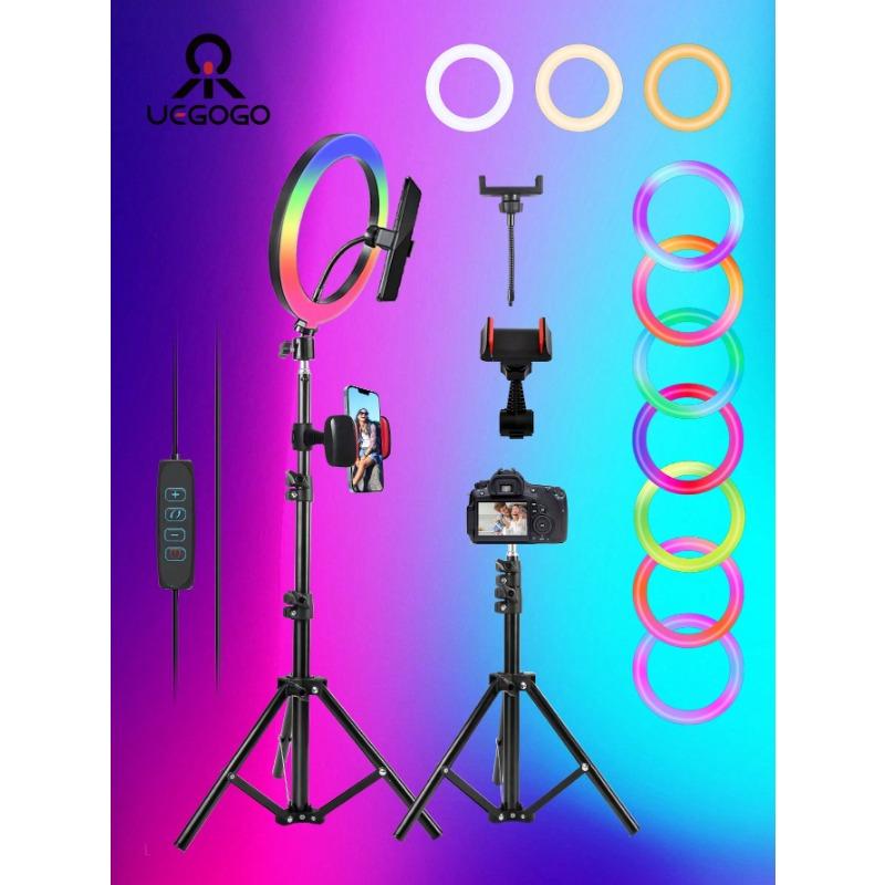 10 Inch Professional Selfie Ring Light With Stand -55.5 Inches High, 38 Color Modes, Stepless Dimming, Speed LED, Adjustable Phone