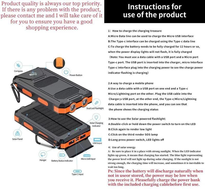 20000mAh Solar Charger Power Bank with Dual USB Ports & LED Flashlight , Portable Smartphone Charging Station, Waterproof Battery Pack Compatible with iPhone 15 14 13 12 11 Series, AirPods, iWatch & Samsung 24 23 22 21