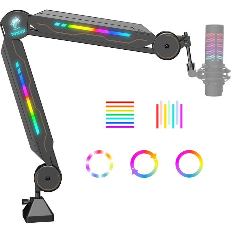 Lifewit TONOR T90 RGB Boom Arm with 11 Light Modes, Adjustable Mic Stand for Gaming, Streaming, Podcasting, and Recording Accessories Cable