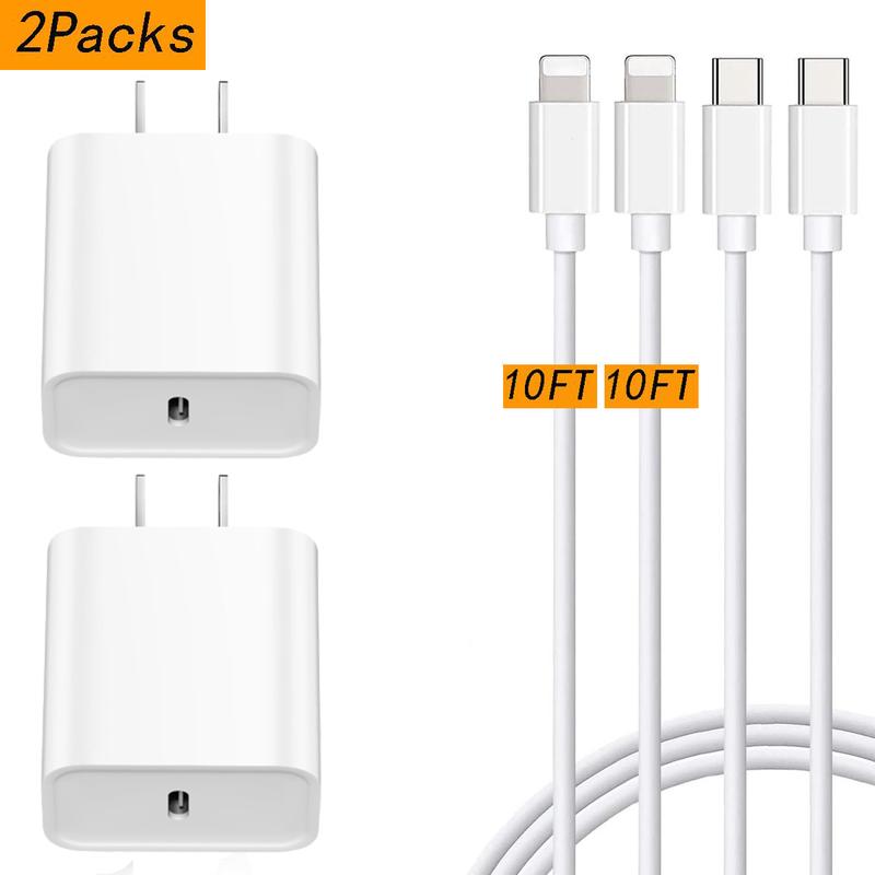 20W USB C Fast Charger 10 FT Compatible with iPhone 14 13 12 11  X iPad, 2 Pack PD Wall Charger Block with 10FT Long Type C Lightning Cable Charging Cord