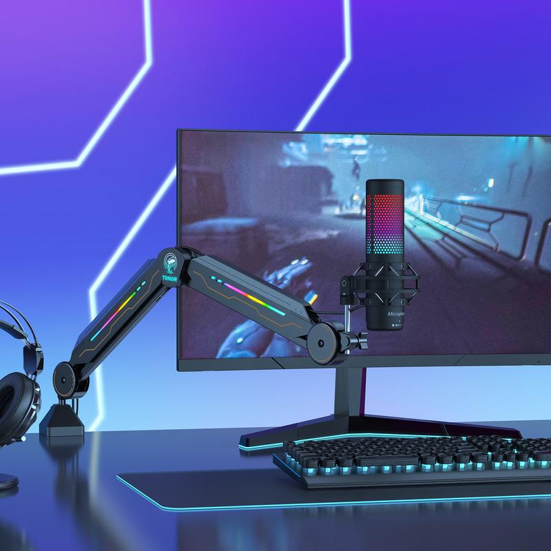 Lifewit TONOR T90 RGB Boom Arm with 11 Light Modes, Adjustable Mic Stand for Gaming, Streaming, Podcasting, and Recording Accessories Cable