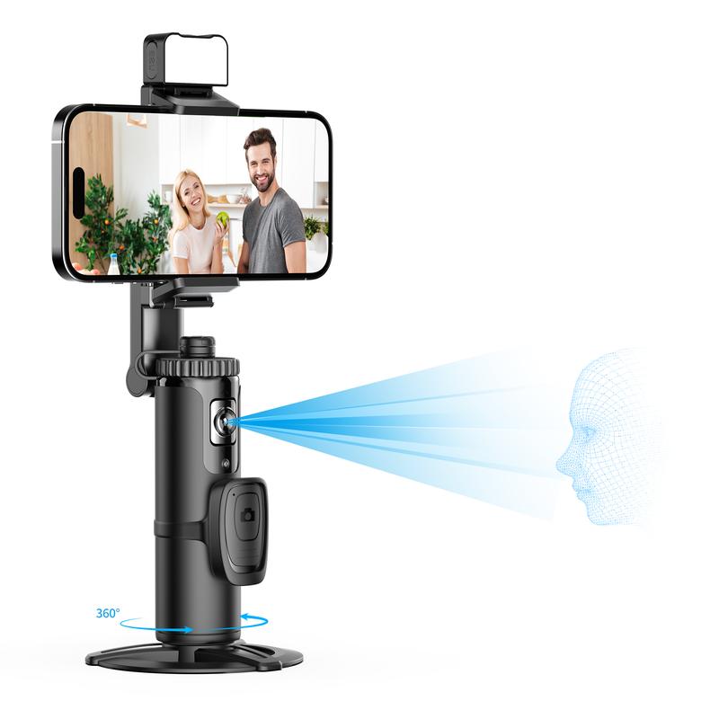 AI Auto Face Tracking Tripod, 360° Rotating Selfie Stick Gimbal Stabilizer with LED Light, No App Required, Remote & Gesture Control, Rechargeable Smart Shooting Stand for Live Video, TikTok, and More (Black) - Phone Clip, Digital Cellphone Accessories