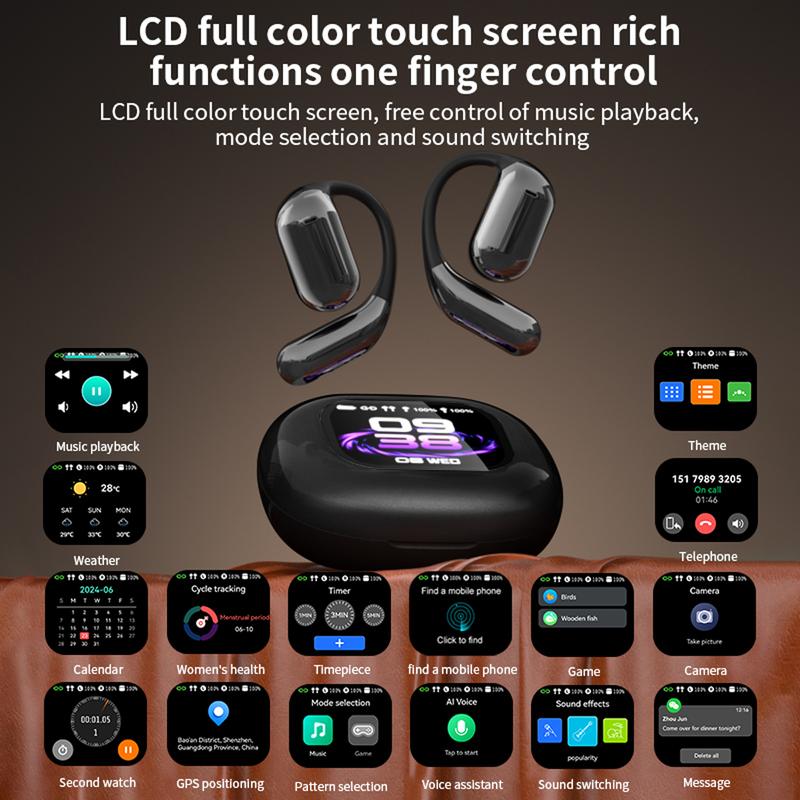 Touchscreen OWS earbuds open ear Bluetooth earphones IPX5 waterproof headset HIFI sound Fullcolor display charging case Light-weight sports Audio