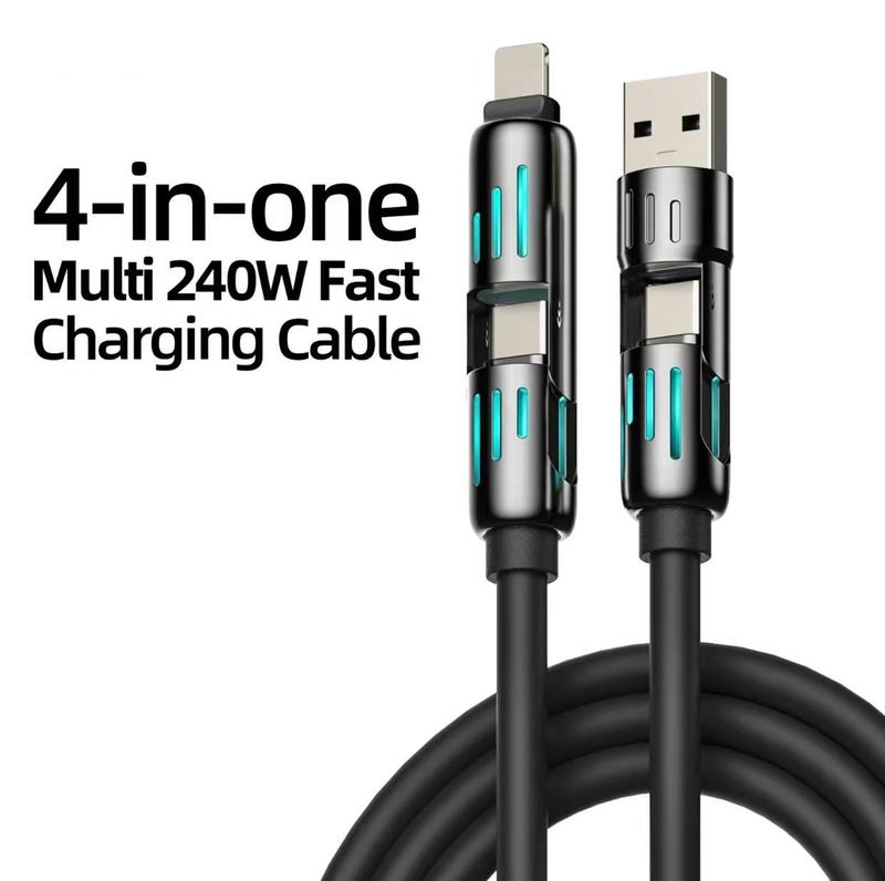 4-in-1 Universal USB Charging Cable-MAX240W Fast Charging charger cord with USBA+TYPE C+Lightning for iPhone 16 15iPad,Samsung galaxy Devices 240 w cable 4in 1 cable max orange  charger