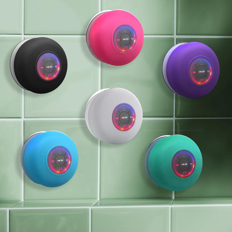 Mini Bluetooth Shower Speaker with LED light, Portable IPX4 Waterproof, Hands-Free Speakerphone. Rechargeable Using Micro USB, Wireless Stereo for Beach, Shower & Home