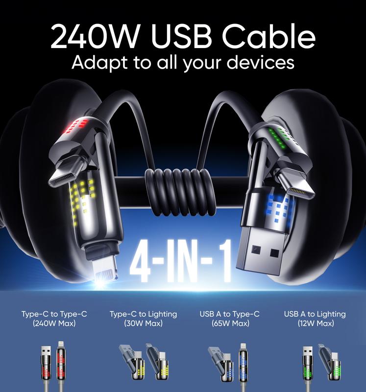 MAGIC JOHN 4-in-1 Charging Cable – Super Fast 240W Charging with RGB Light