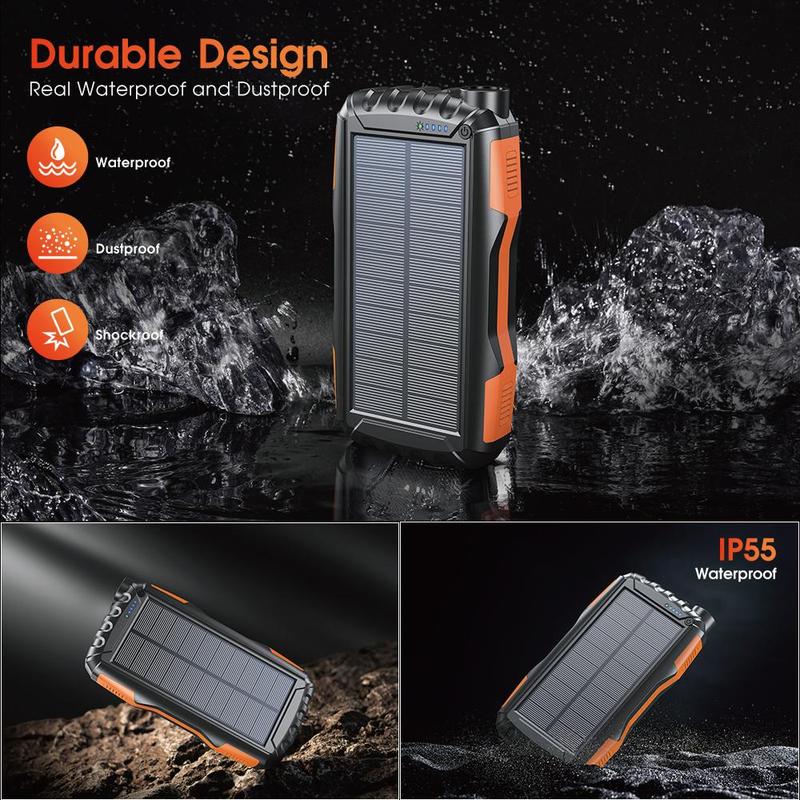 20000mAh Solar Powered Power Bank, Waterproof & Dustproof Large Capacity Power Bank with Bright Flashlight, Power Bank for iPhone Galaxy Galaxy