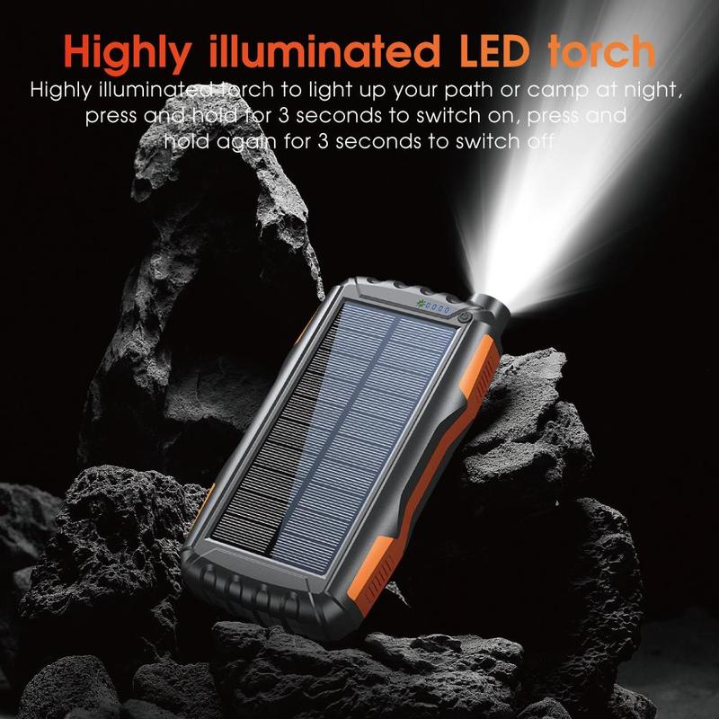 20000mAh Solar Powered Power Bank, Waterproof & Dustproof Large Capacity Power Bank with Bright Flashlight, Power Bank for iPhone Galaxy Galaxy