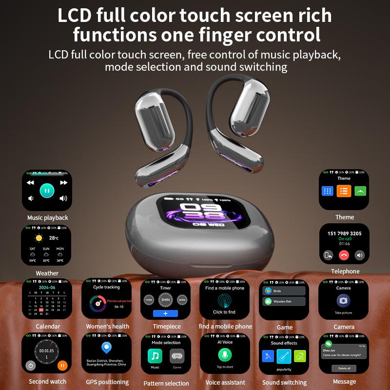 Touchscreen OWS earbuds open ear Bluetooth earphones IPX5 waterproof headset HIFI sound Fullcolor display charging case Light-weight sports Audio