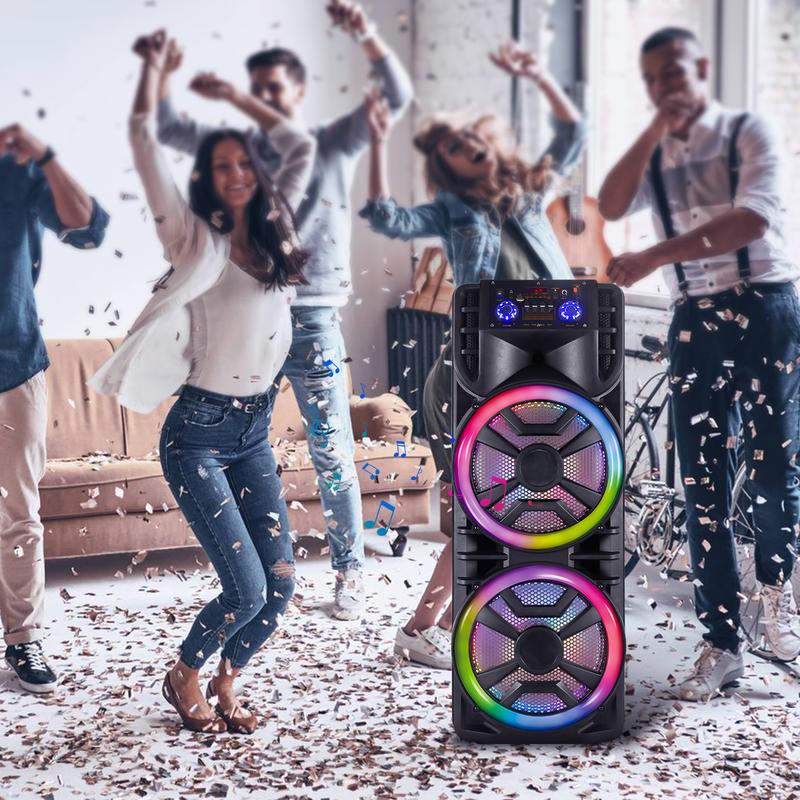 Dual 12 inch Karaoke Speaker System Portable Party Box Loud Big Speaker Wireless Bluetooth TWS Rechargeable FM Radio Remote Control Microphone LED Lighting