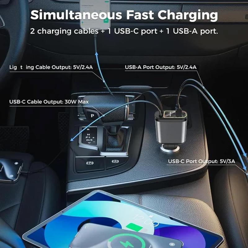  Starlight Car Top Charger-4 in 1 Retractable Starlight Car Charger, Type C , Compatible with iPhone Pro Max Plus iPad AirPods,  Google retractable car dual charge port car roof