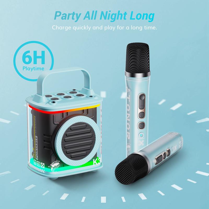 TONOR Mini Karaoke Machine with 2 Wireless Microphones, Portable Bluetooth Speaker for Kids Adults with Microfono Mic and Colorful LED Lights, Children Girls Boys Birthday Gift Home Singing Party