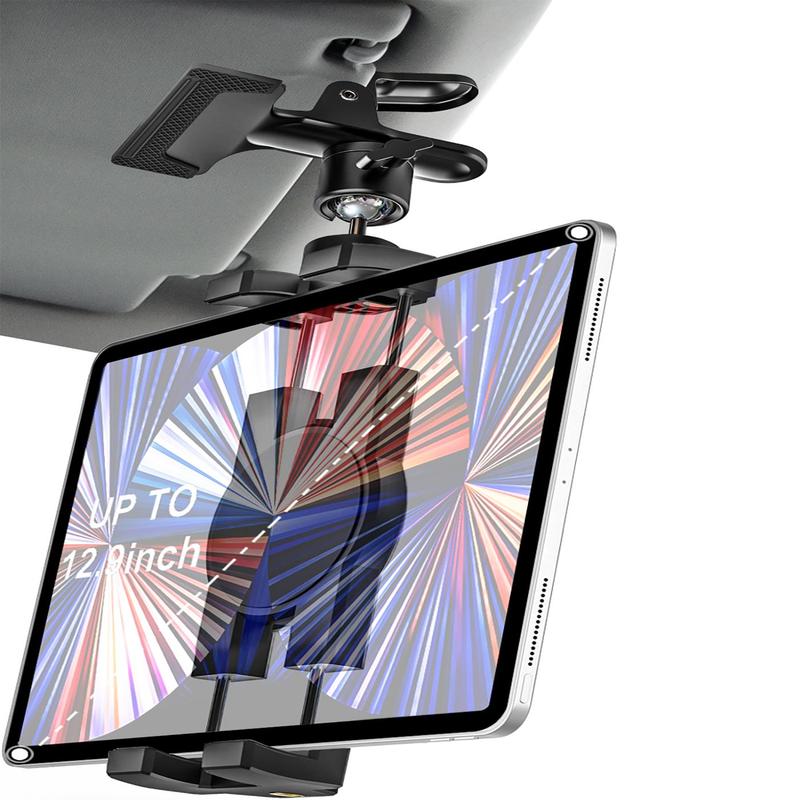 Car Sun Visor Tablet Holder, 360° Rotatable Car Sun Visor Tablet Clip, Universal Steering Wheel Tablet Clip with 1 4 Inch Screws, Compatible with iPad Pro Air Mini, Cell Phones,  4.7-12.9 Inch Devices